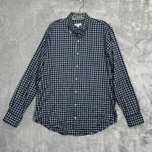 Peter Millar Shirt Mens Large Blue White Plaid Long Sleeve Cotton Silk Spandex